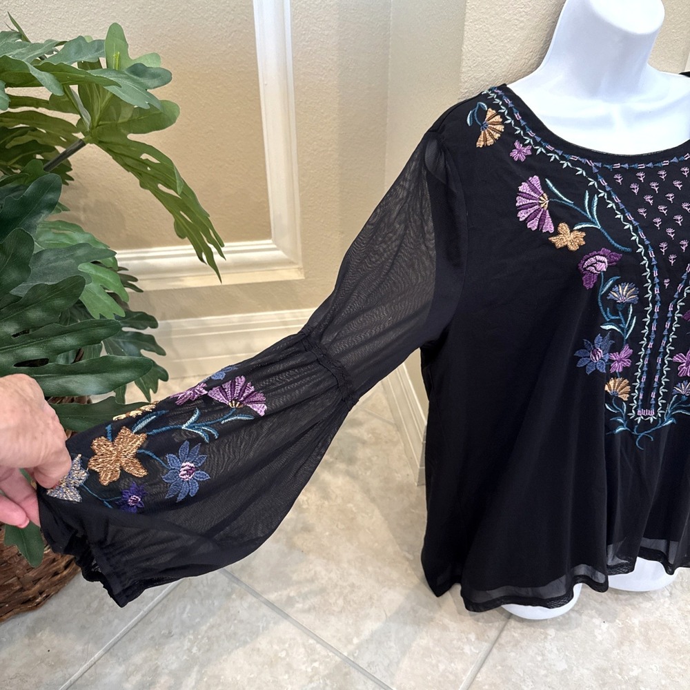 Style Co Black Mesh Embroidered Floral Peplum Top Sz XL Long Sheer Lined Boho - Picture 2 of 11